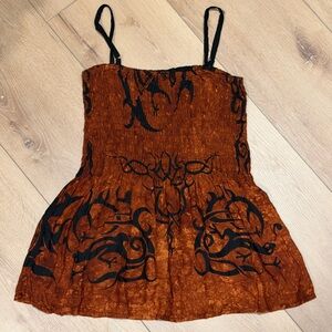 Peaceful People Boho Smocked Tank Top Brown Black Tribal Print Size L